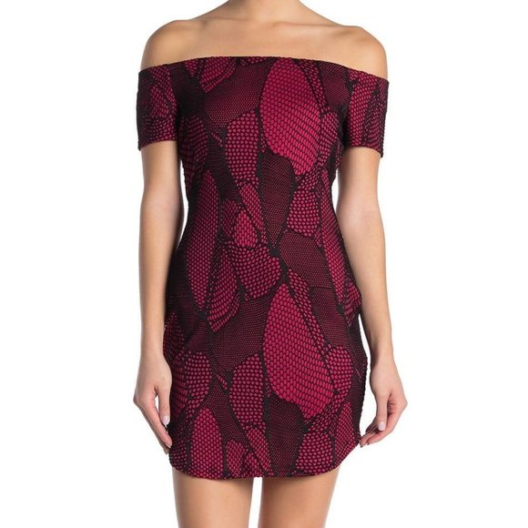 Bailey Blue pink black fuchsia flocked off shoulder bodycon dress medium MSRP 80 - Picture 1 of 12